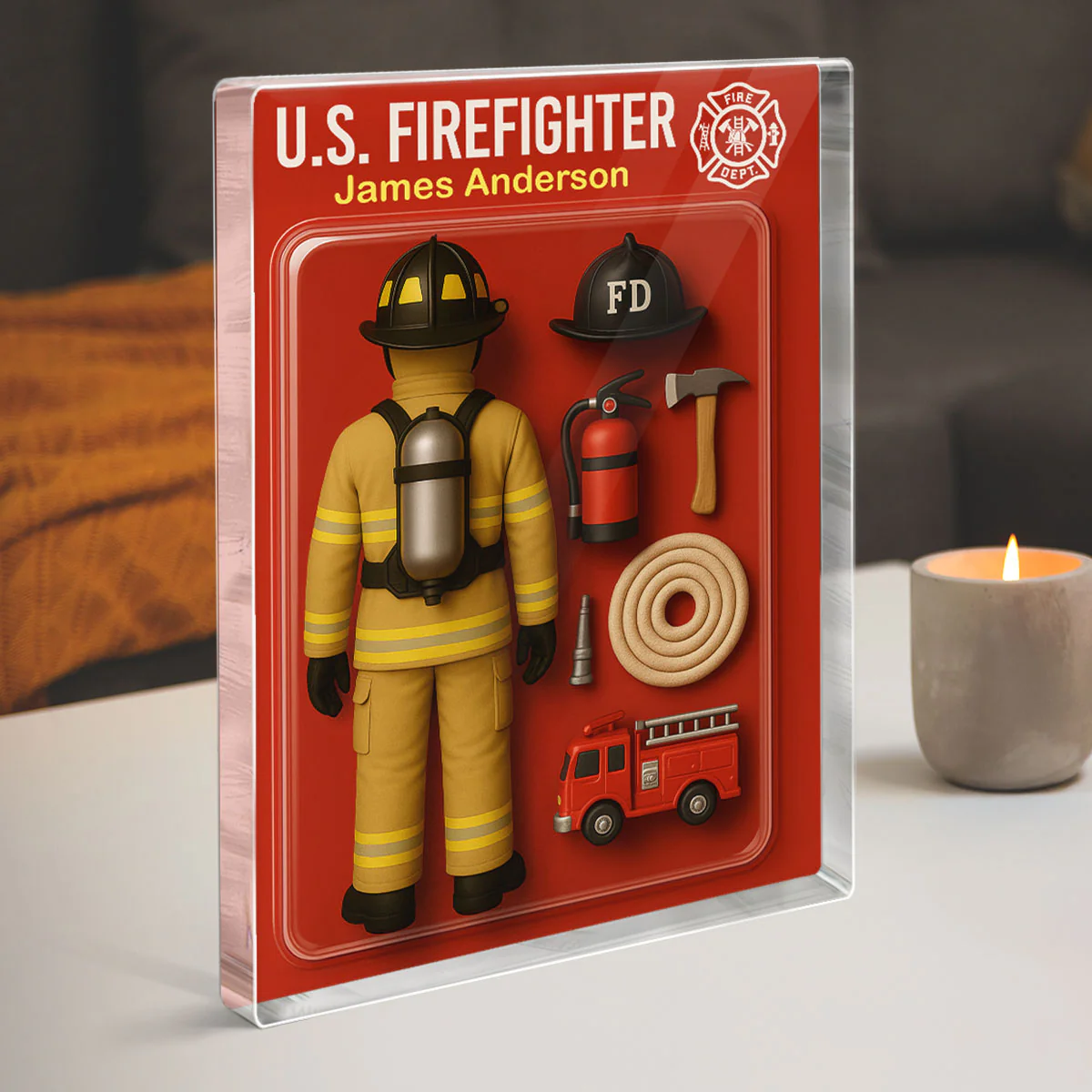 3D Effect Back View Firefighter Custom Figure Personalized Flat Rectangle Acrylic Block - Image 6