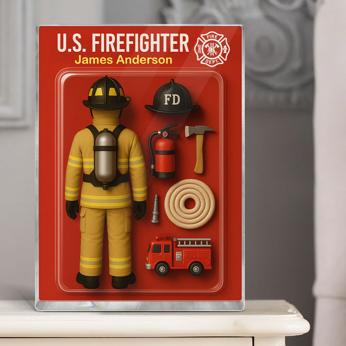 3D Effect Back View Firefighter Custom Figure Personalized Flat Rectangle Acrylic Block - Image 7