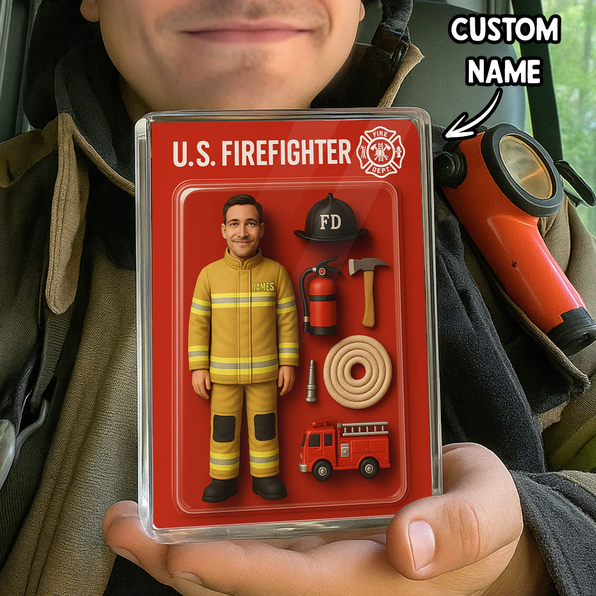 3D Effect Back View Firefighter Custom Figure Personalized Flat Rectangle Acrylic Block - Image 8