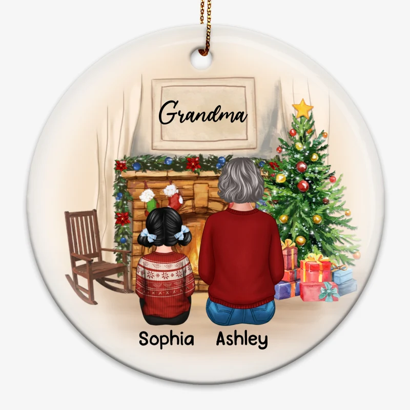 Back View Grandma And Grandkids Sitting At Fireplace Personalized Circle Ornament