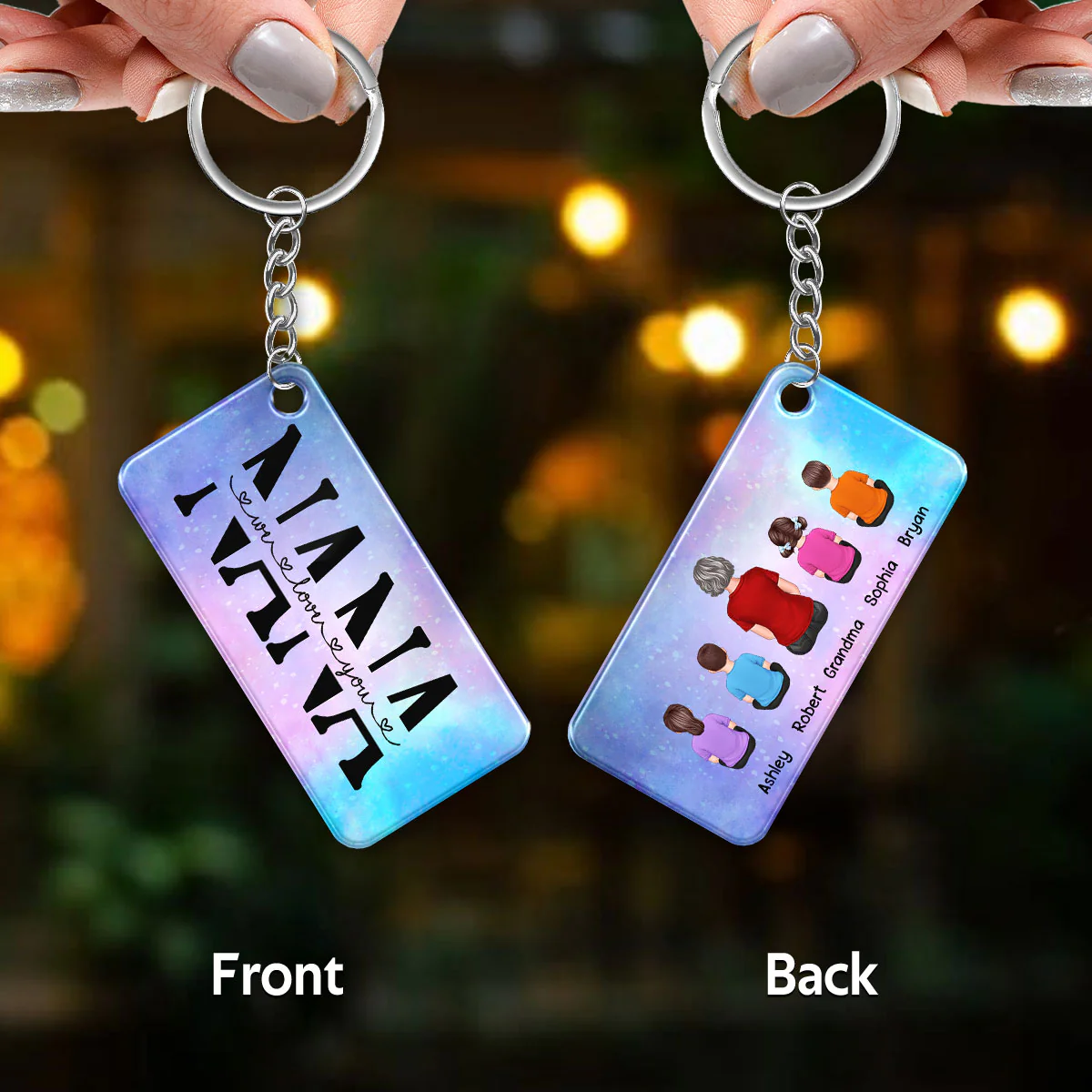 Back View Grandma Mom With Kids Dogs Cats Sitting Personalized Acrylic Keychain - Image 3