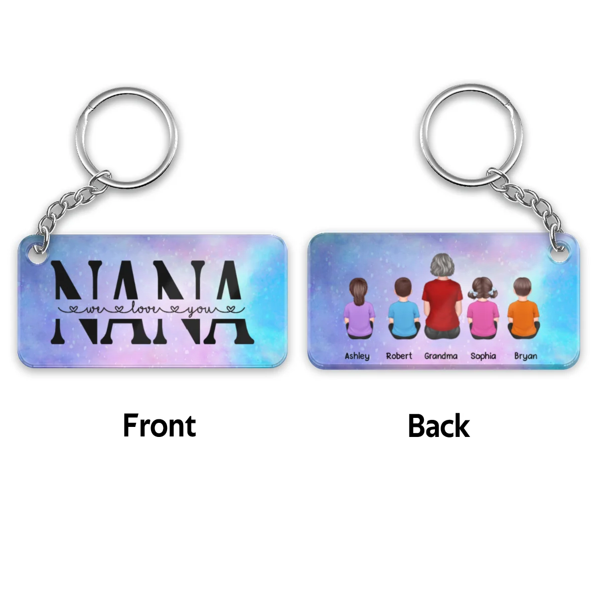 Back View Grandma Mom With Kids Dogs Cats Sitting Personalized Acrylic Keychain - Image 4