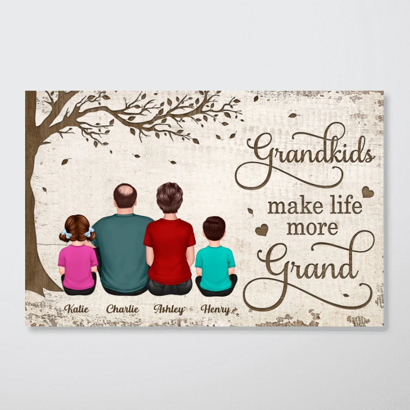 Back View Grandpa Grandma With Grandkids Sitting Under Tree Personalized Horizontal Poster - Image 4