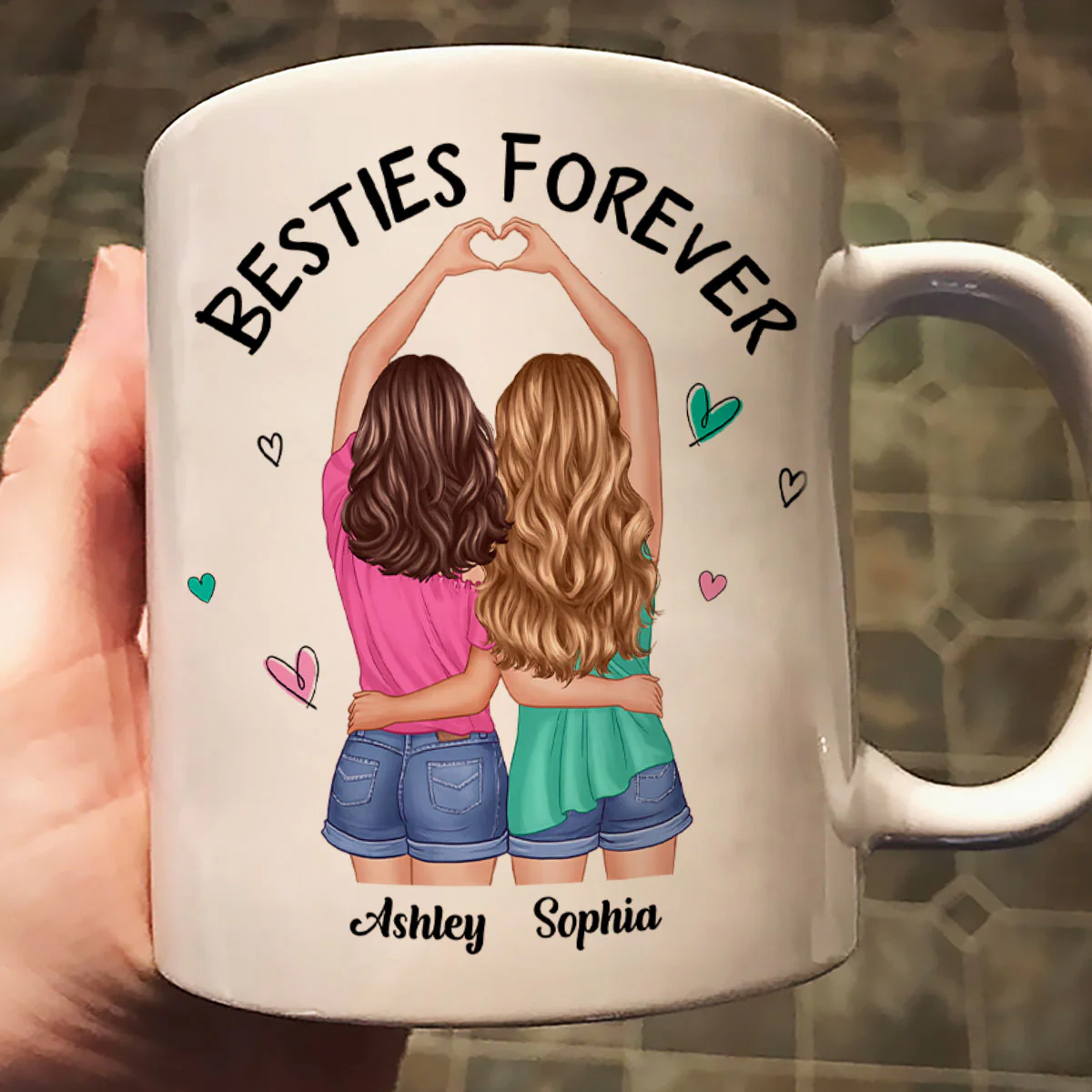 Back View Heart Hands Besties Forever Personalized Mug - Image 2