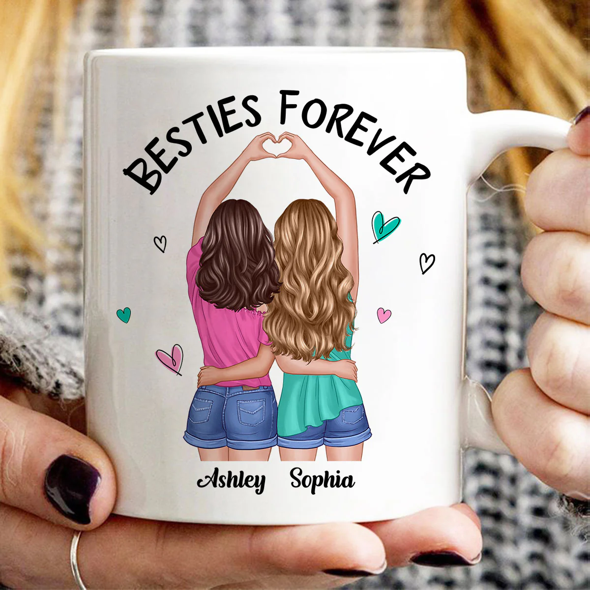 Back View Heart Hands Besties Forever Personalized Mug - Image 3