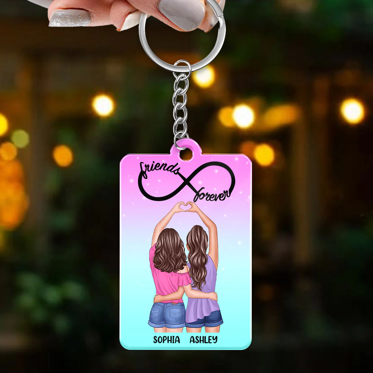 Back View Heart Hands Besties Friends Forever Personalized Acrylic Keychain - Image 3