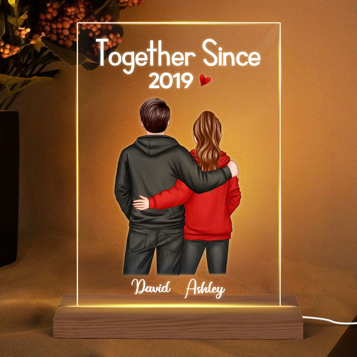 Back View Hoodie Couple Valentine‘s Anniversary Gift For Him Gift For Her Personalized Rectangle Acrylic Plaque LED Lamp Night Light