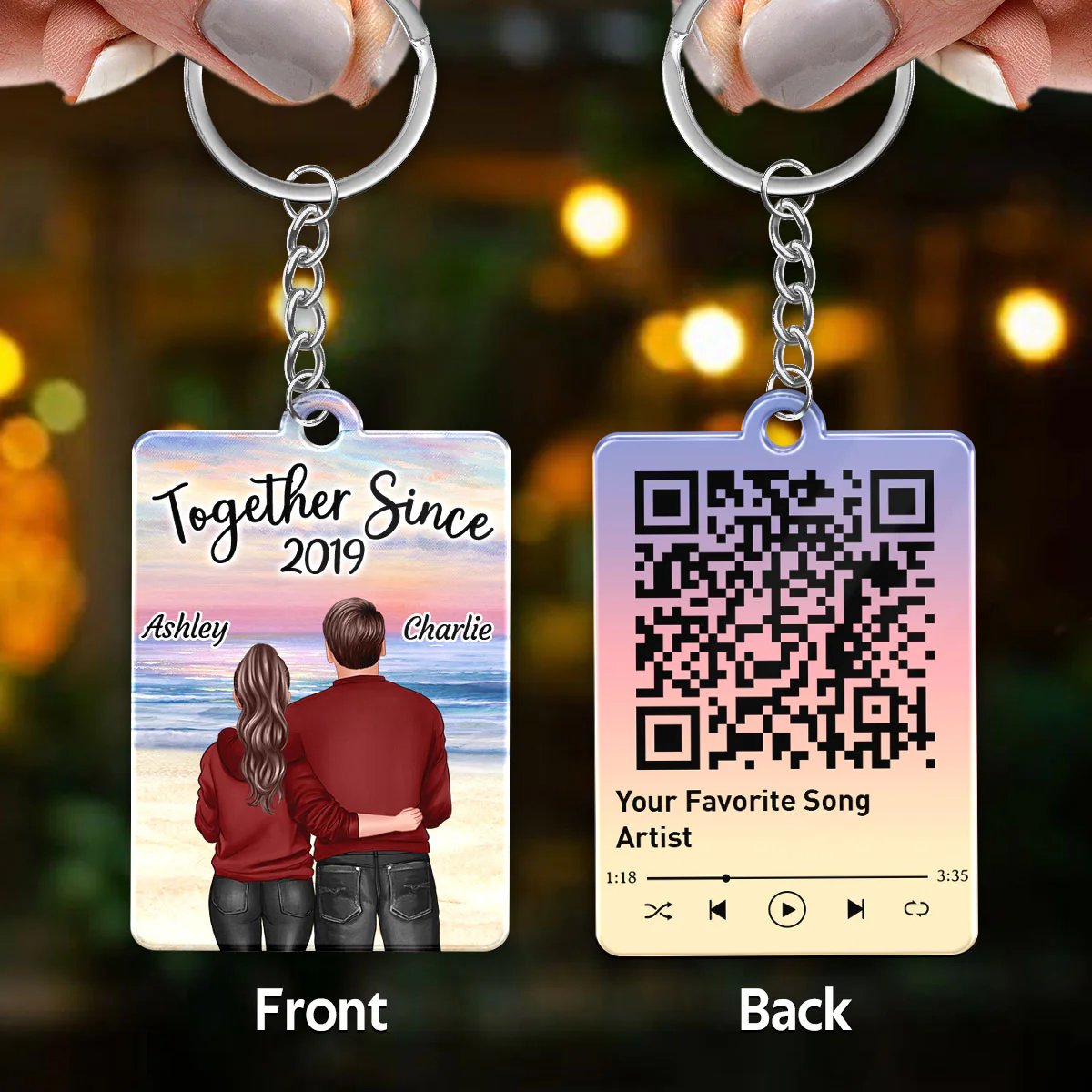 Back View Hugging Couple Standing At Beach Favorite Song QR Code Personalized Acrylic Keychain - Image 3
