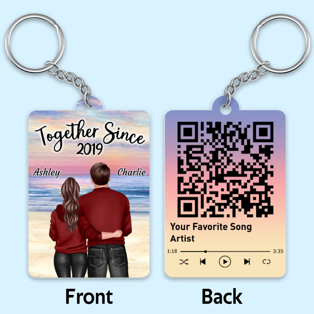 Back View Hugging Couple Standing At Beach Favorite Song QR Code Personalized Acrylic Keychain - Image 4
