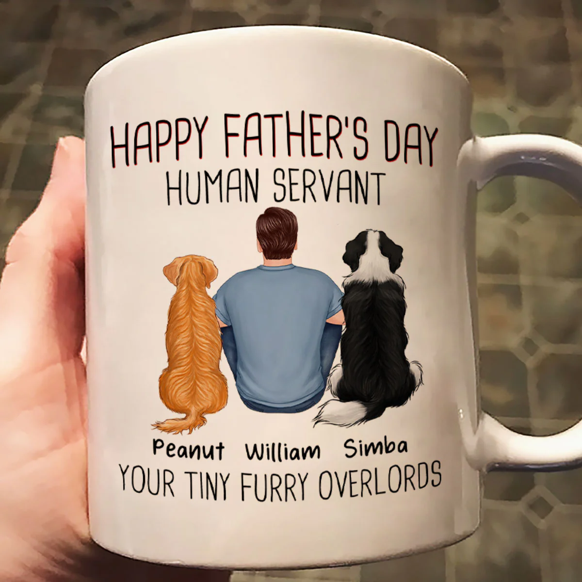 Back View Man And Dog Sitting Happy Father‘s Day Human Servant Personalized Mug - Image 2