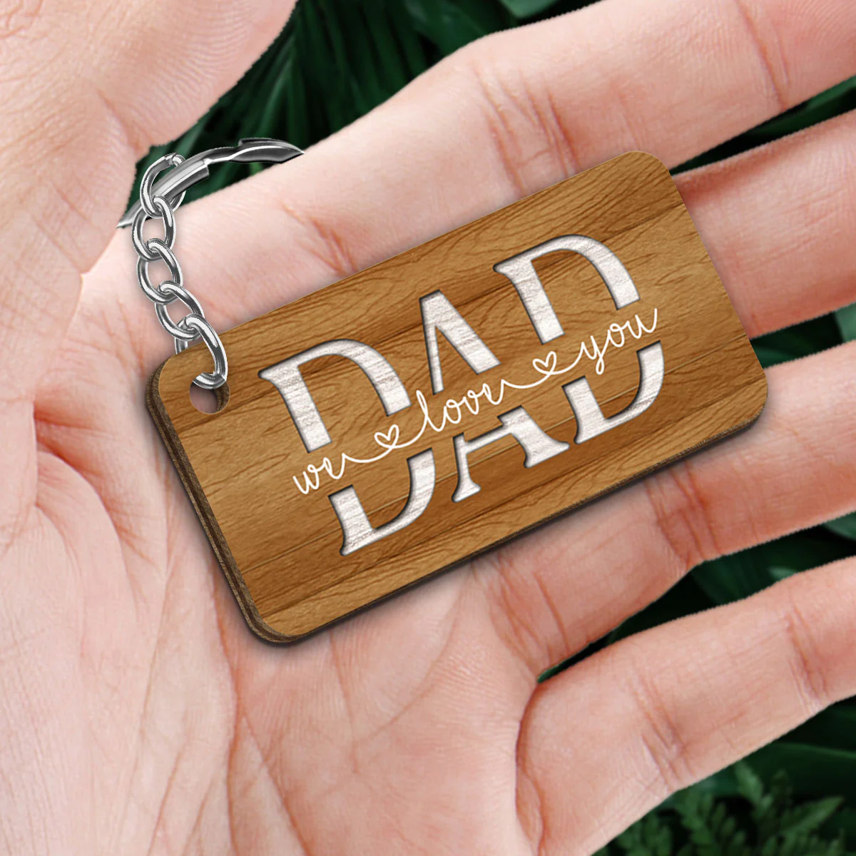 Back View Man Dad And Kids Dogs Cats Sitting We Love You Personalized Wooden Keychain - Image 2