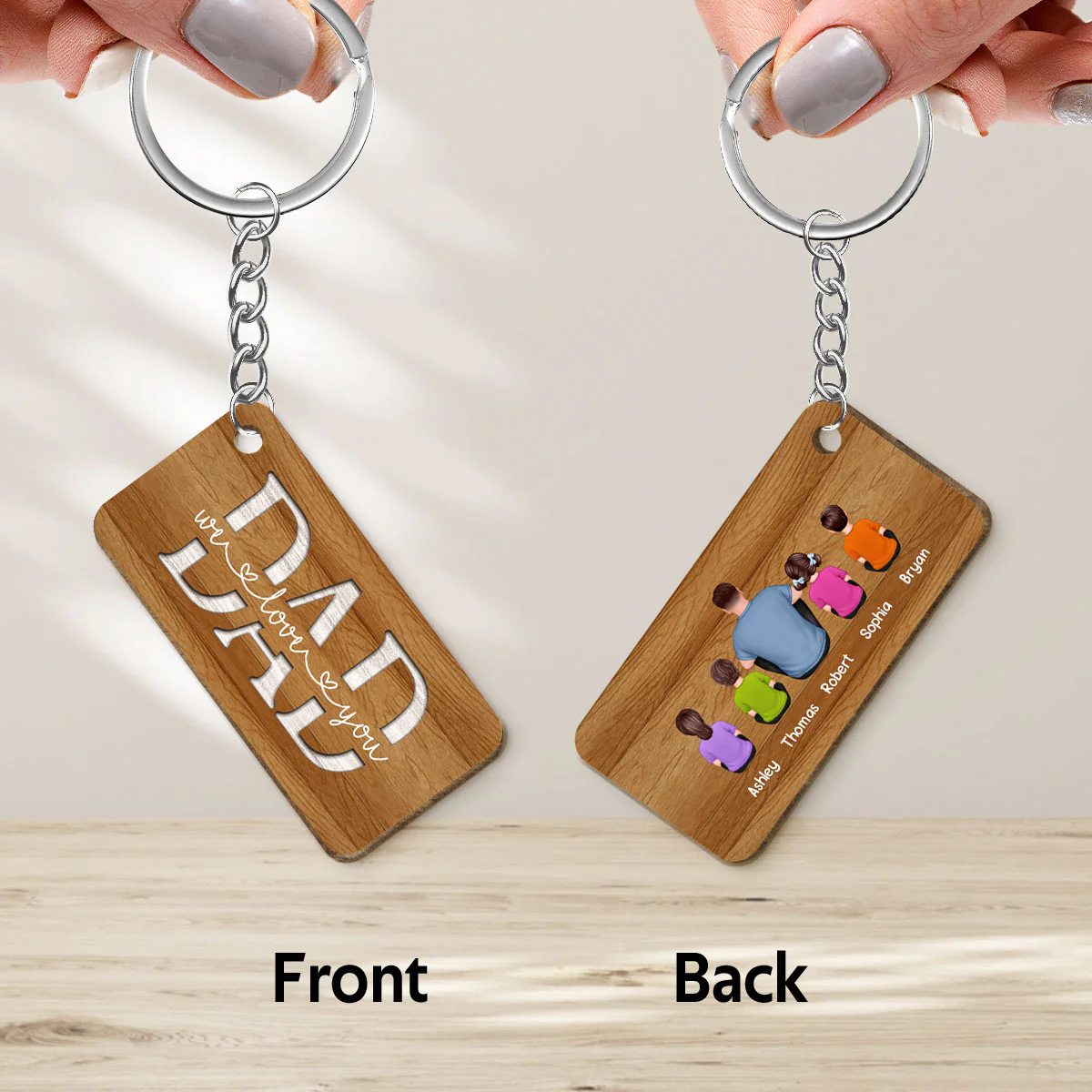 Back View Man Dad And Kids Dogs Cats Sitting We Love You Personalized Wooden Keychain - Image 3