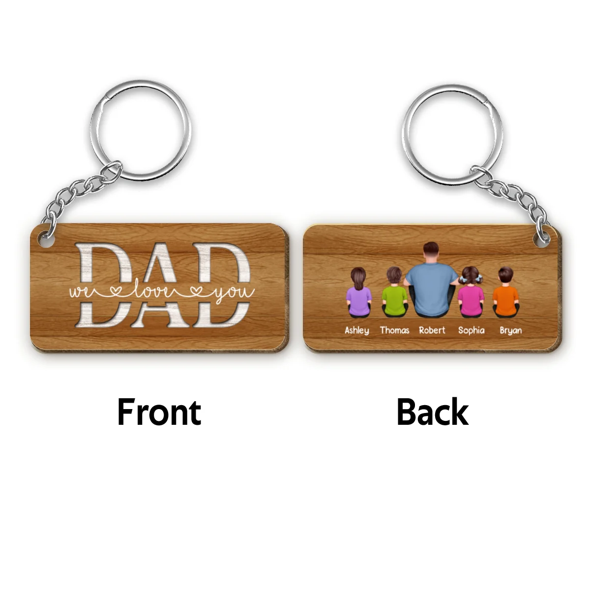 Back View Man Dad And Kids Dogs Cats Sitting We Love You Personalized Wooden Keychain - Image 4