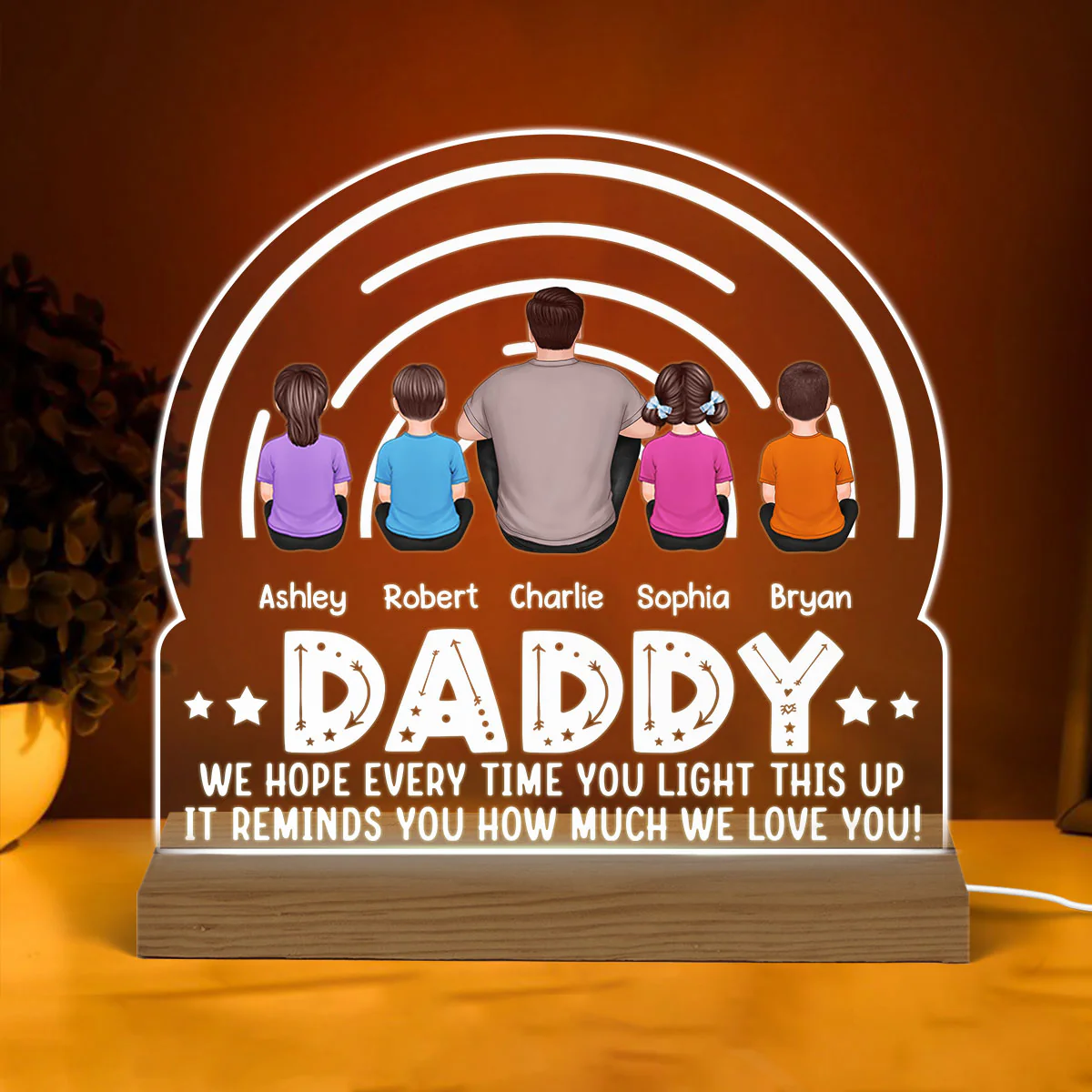 DAD Back View Man Kids Dog Cat We Hope Every Time You Light This Up Personalized Custom Shape Acrylic Plaque Warm LED Night Light