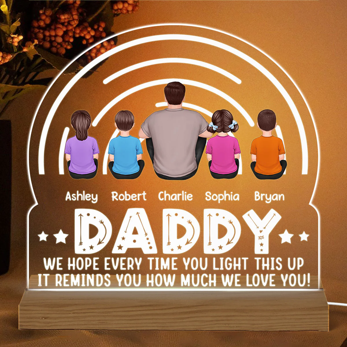 DAD Back View Man Kids Dog Cat We Hope Every Time You Light This Up Personalized Custom Shape Acrylic Plaque Warm LED Night Light - Image 2
