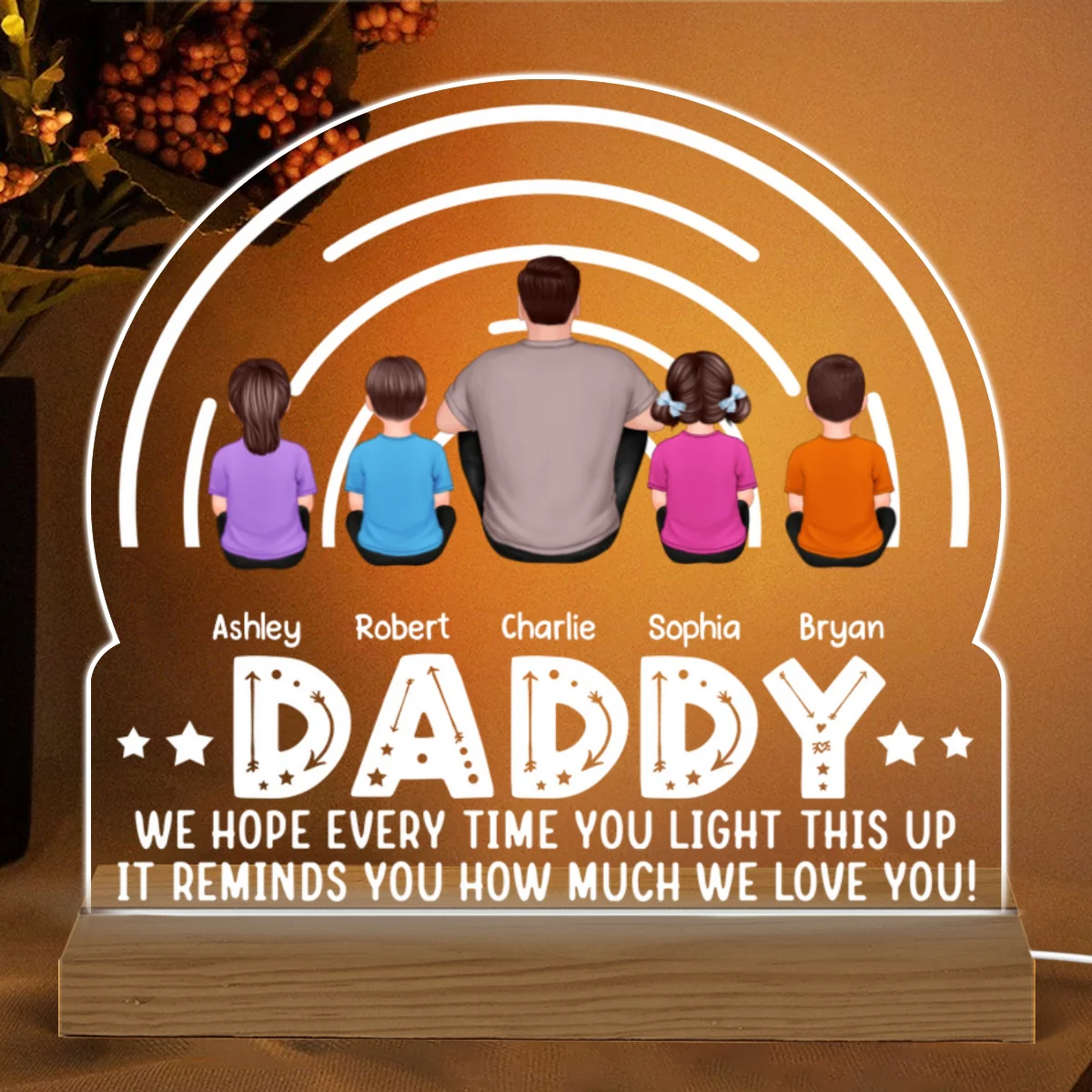 DAD Back View Man Kids Dog Cat We Hope Every Time You Light This Up Personalized Custom Shape Acrylic Plaque Warm LED Night Light - Image 4