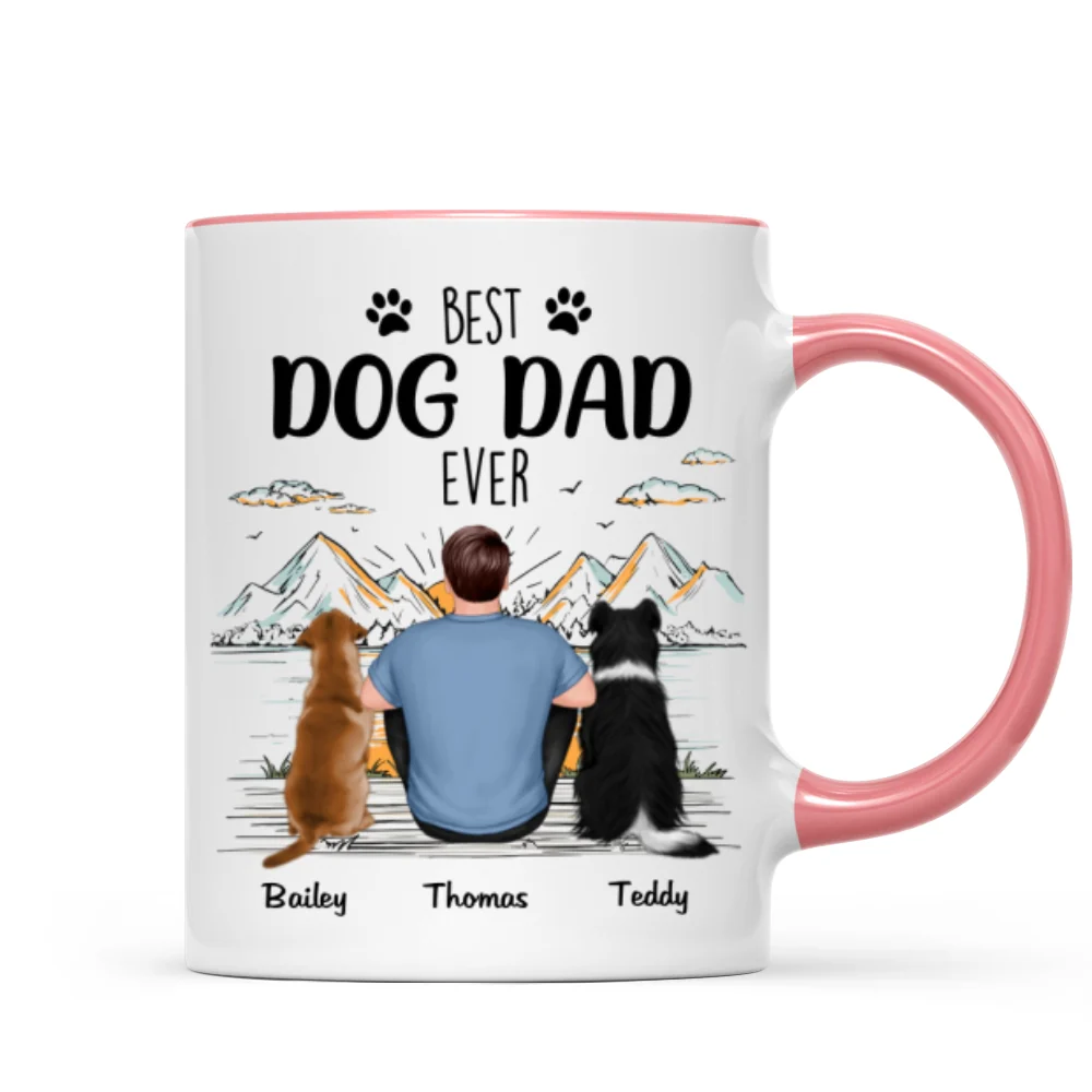 Back View Man Sitting With Dogs Best Dog Dad Ever Mountain Sketch Personalized Mug - Image 9