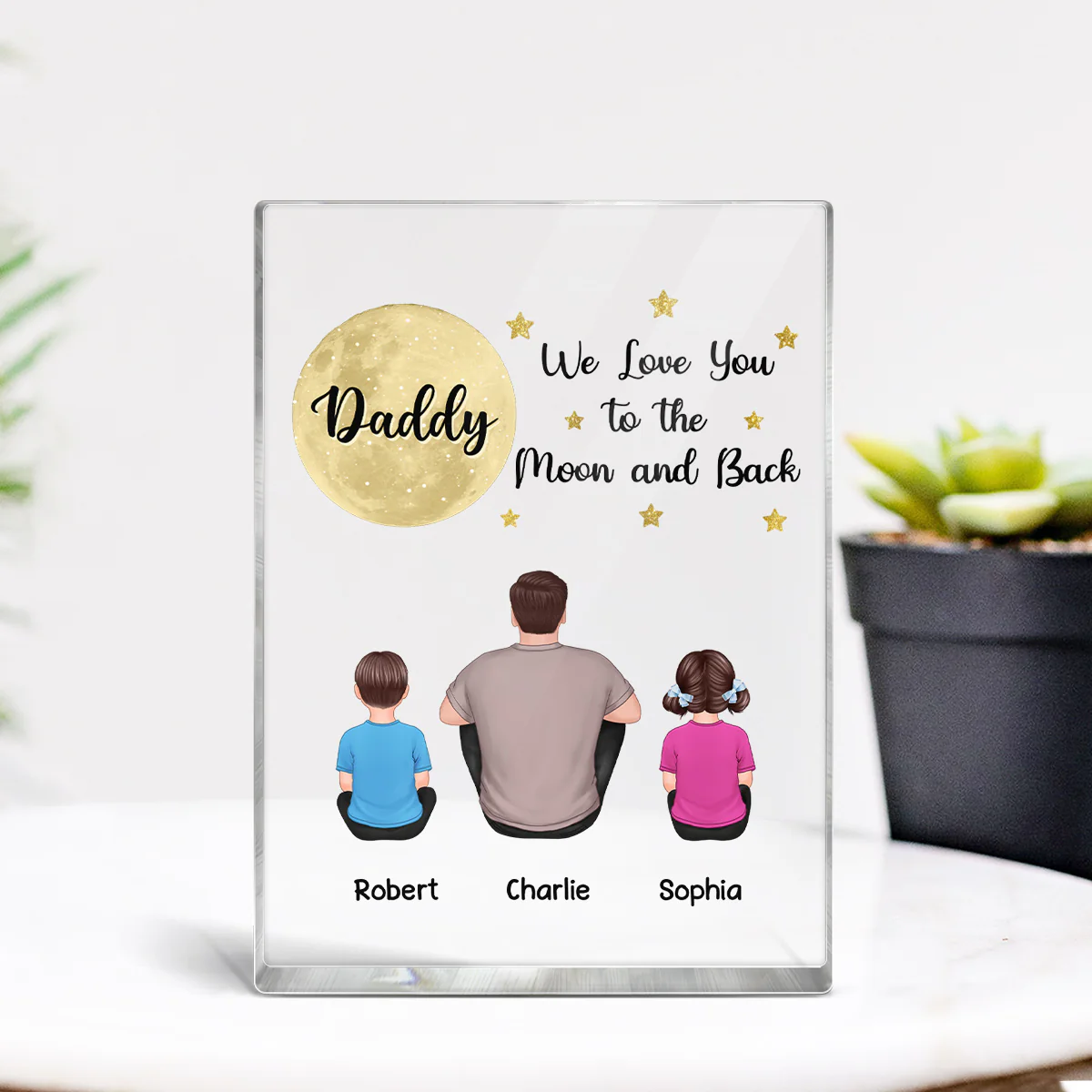 Back View Man Sitting With Kids Dogs Cats Dad We Love You To The Moon And Back Personalized Vertical Rectangle Acrylic Block Plaque