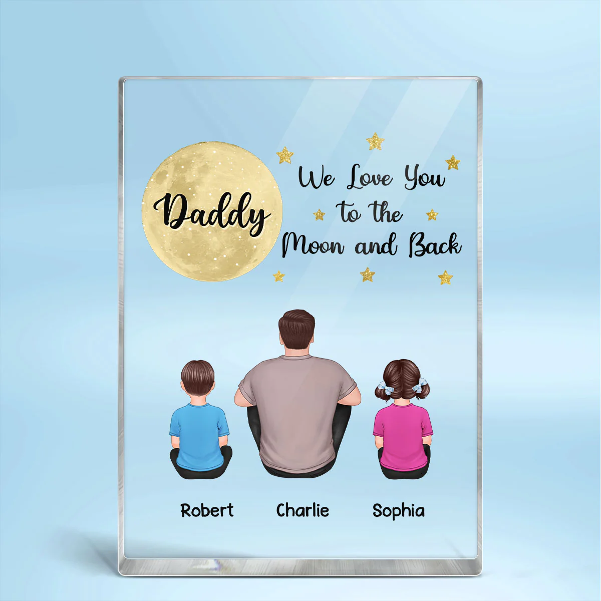 Back View Man Sitting With Kids Dogs Cats Dad We Love You To The Moon And Back Personalized Vertical Rectangle Acrylic Block Plaque - Image 2