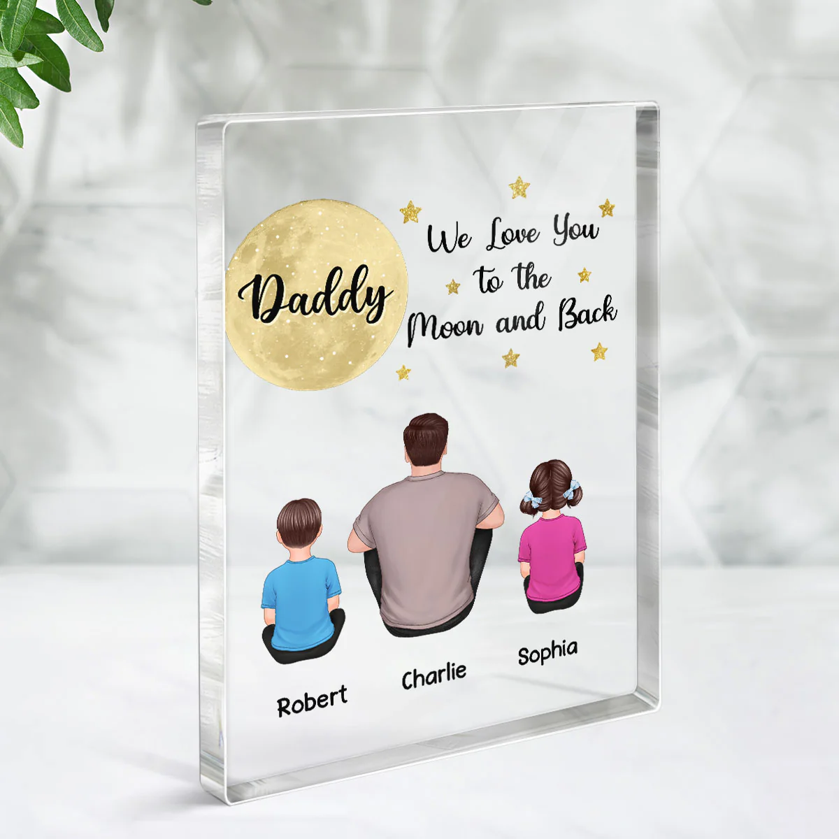 Back View Man Sitting With Kids Dogs Cats Dad We Love You To The Moon And Back Personalized Vertical Rectangle Acrylic Block Plaque - Image 3
