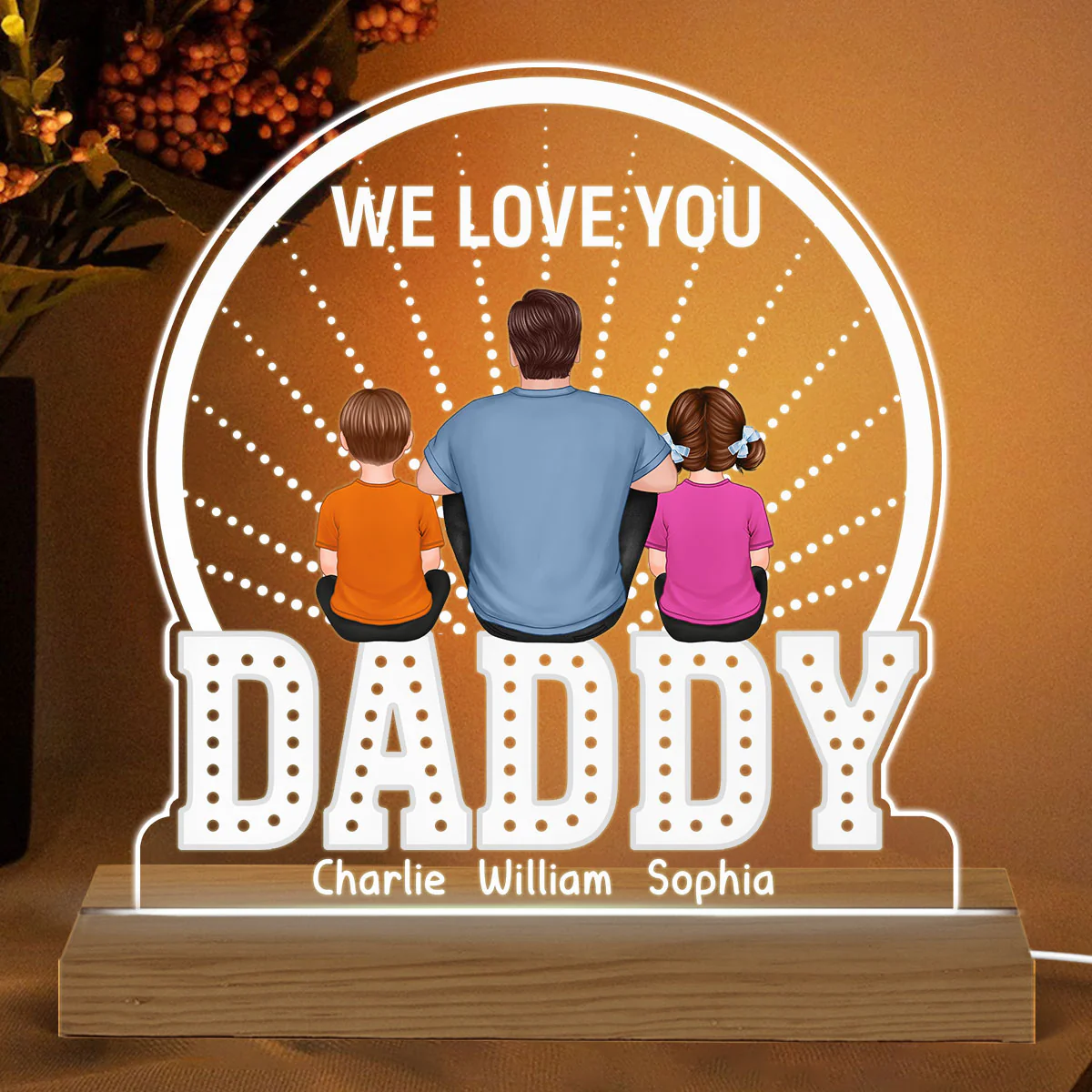 Back View Man Sitting With Kids Dogs Cats Sitting On Words Personalized Custom Shape Acrylic Plaque Warm LED Night Light - Image 2