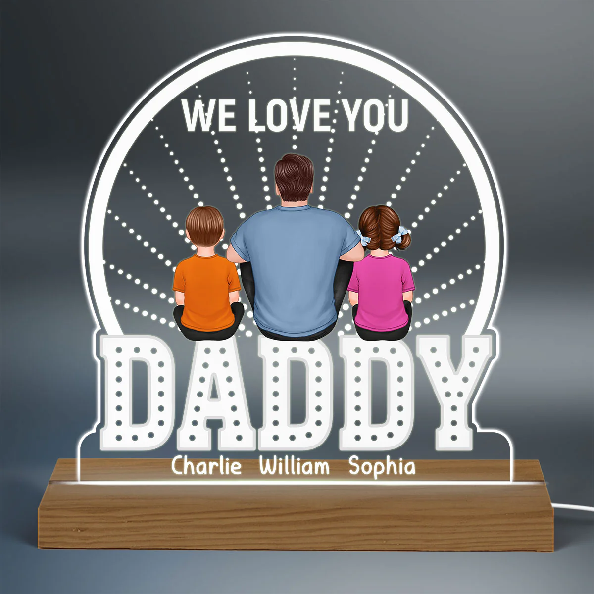 Back View Man Sitting With Kids Dogs Cats Sitting On Words Personalized Custom Shape Acrylic Plaque Warm LED Night Light - Image 3