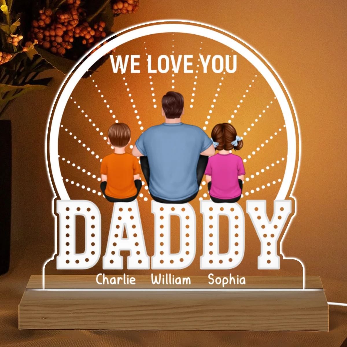 Back View Man Sitting With Kids Dogs Cats Sitting On Words Personalized Custom Shape Acrylic Plaque Warm LED Night Light - Image 4