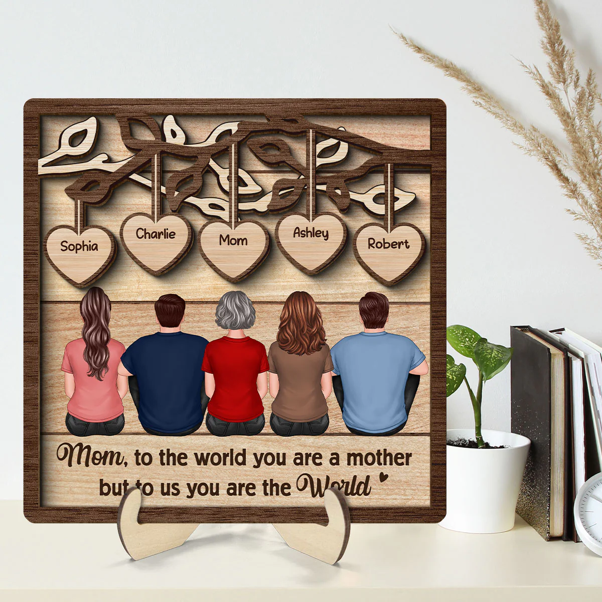 Back View Mom And Daughters Sons Sitting Under Heart Tree Gift For Mom Personalized 2-Layer Wooden Plaque - Image 2