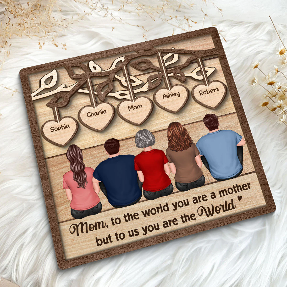 Back View Mom And Daughters Sons Sitting Under Heart Tree Gift For Mom Personalized 2-Layer Wooden Plaque - Image 5