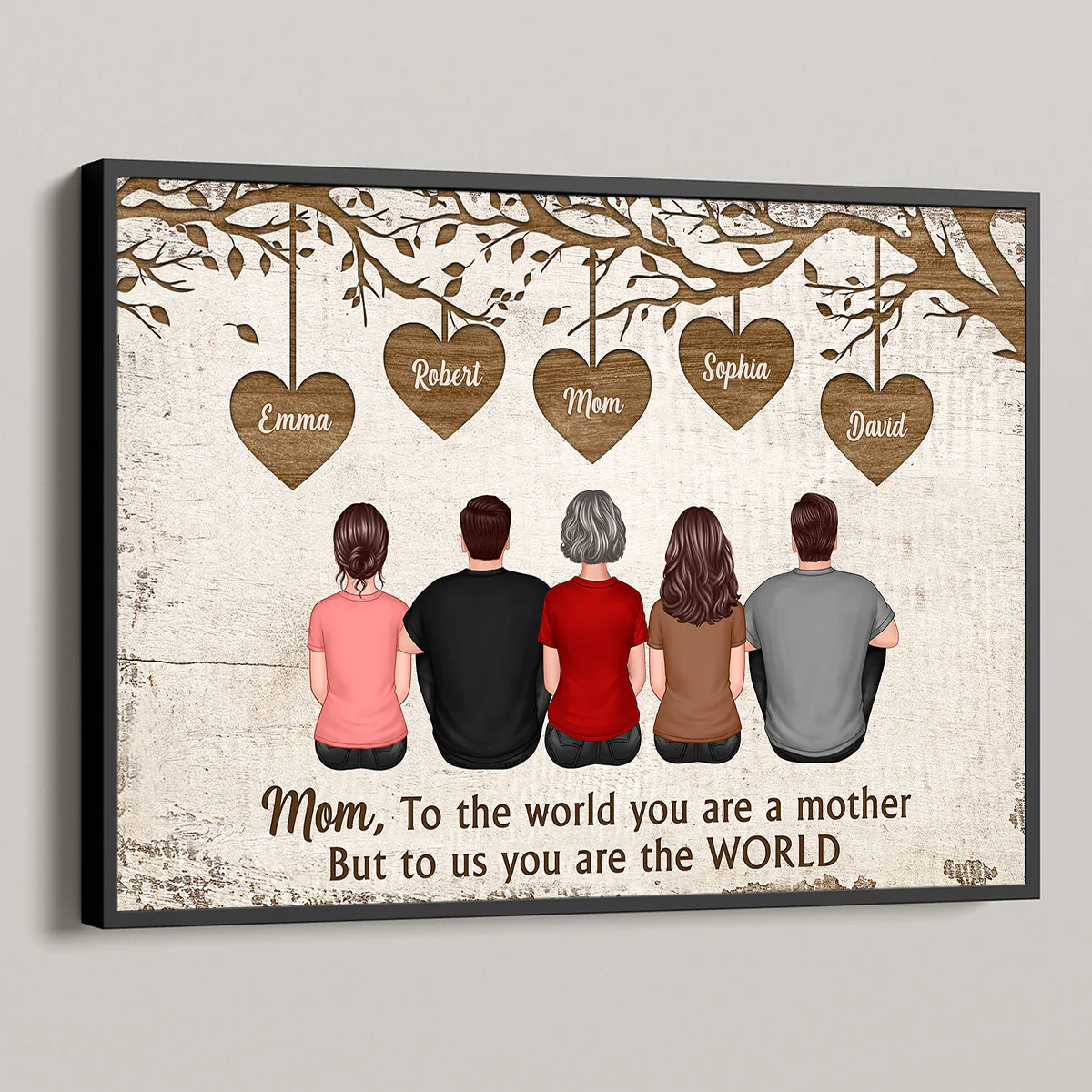 Back View Mom And Daughters Sons Sitting Under Heart Tree Mother‘s Day Gift For Mom Personalized Horizontal Poster