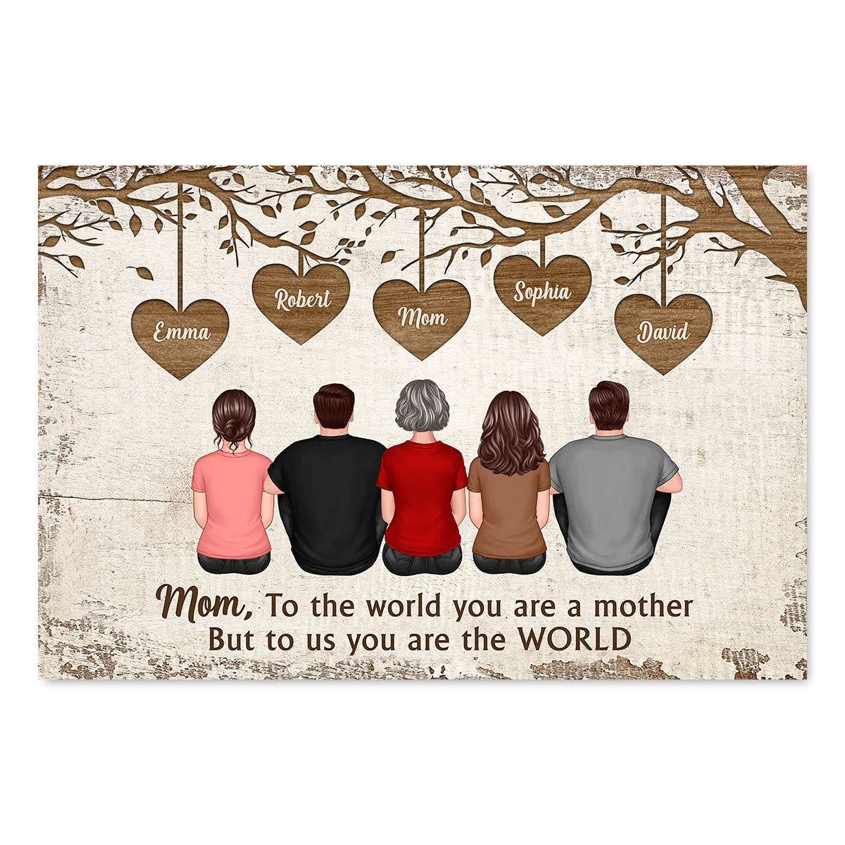 Back View Mom And Daughters Sons Sitting Under Heart Tree Mother‘s Day Gift For Mom Personalized Horizontal Poster - Image 2