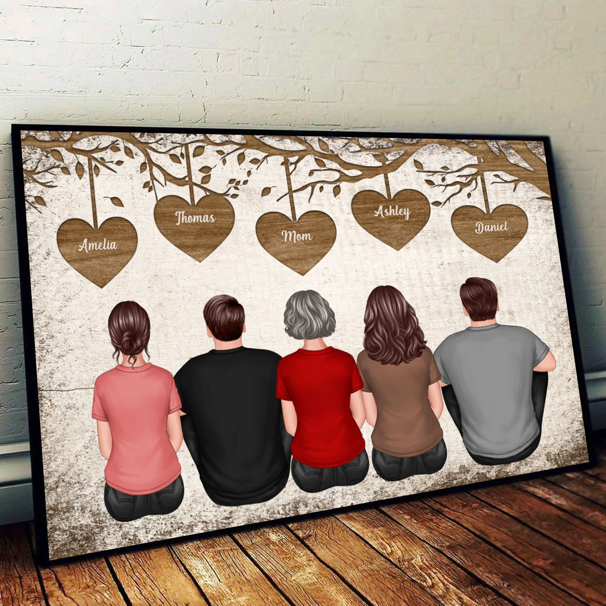 Back View Mom And Daughters Sons Sitting Under Heart Tree Personalized Horizontal Poster - Image 3