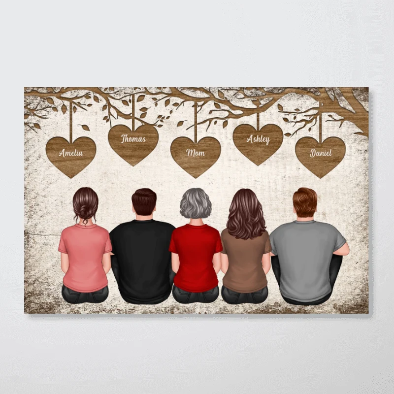 Back View Mom And Daughters Sons Sitting Under Heart Tree Personalized Horizontal Poster - Image 4