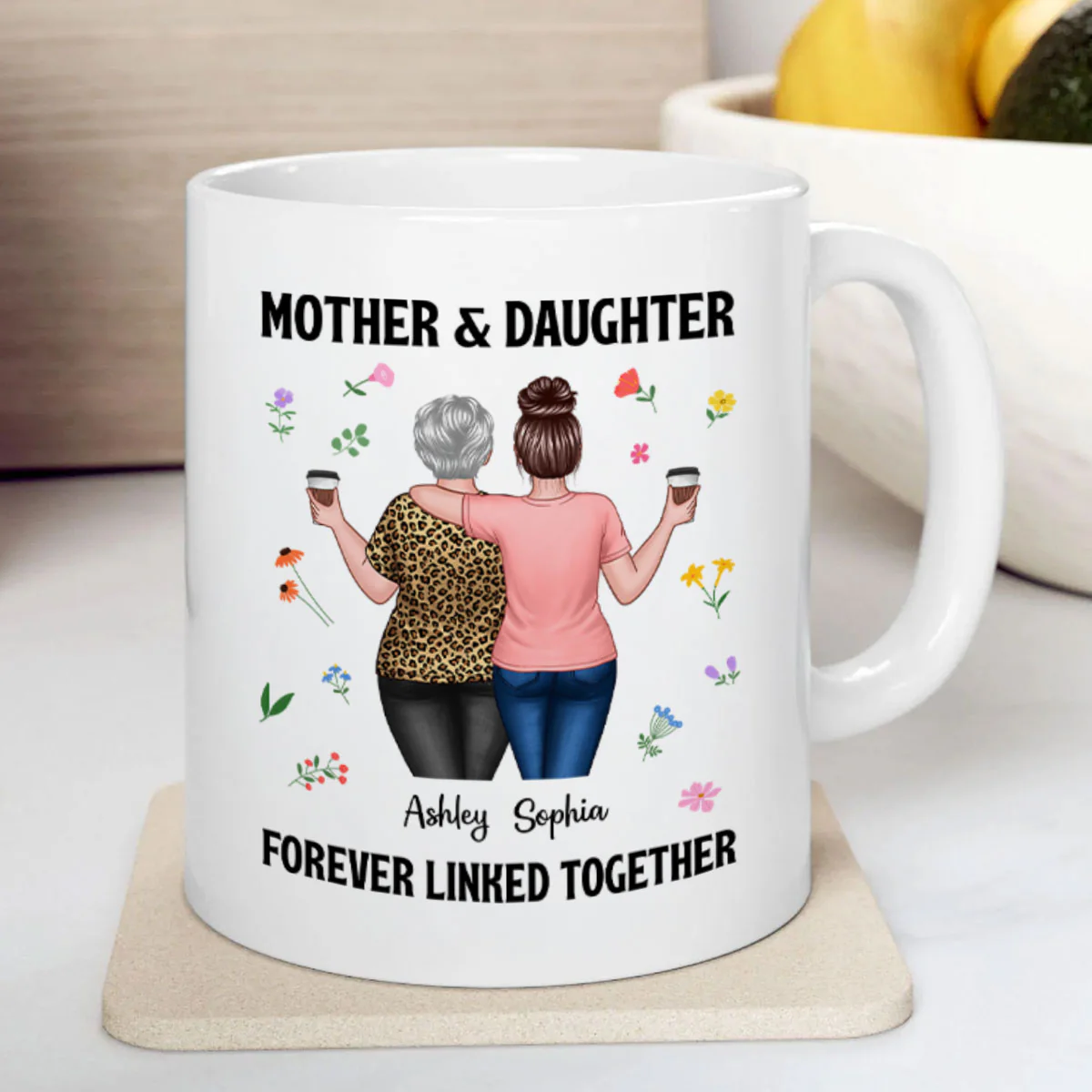 Back View Mom And Daughters Walking Mother & Daughter Forever Linked Together Personalized Mug - Image 4
