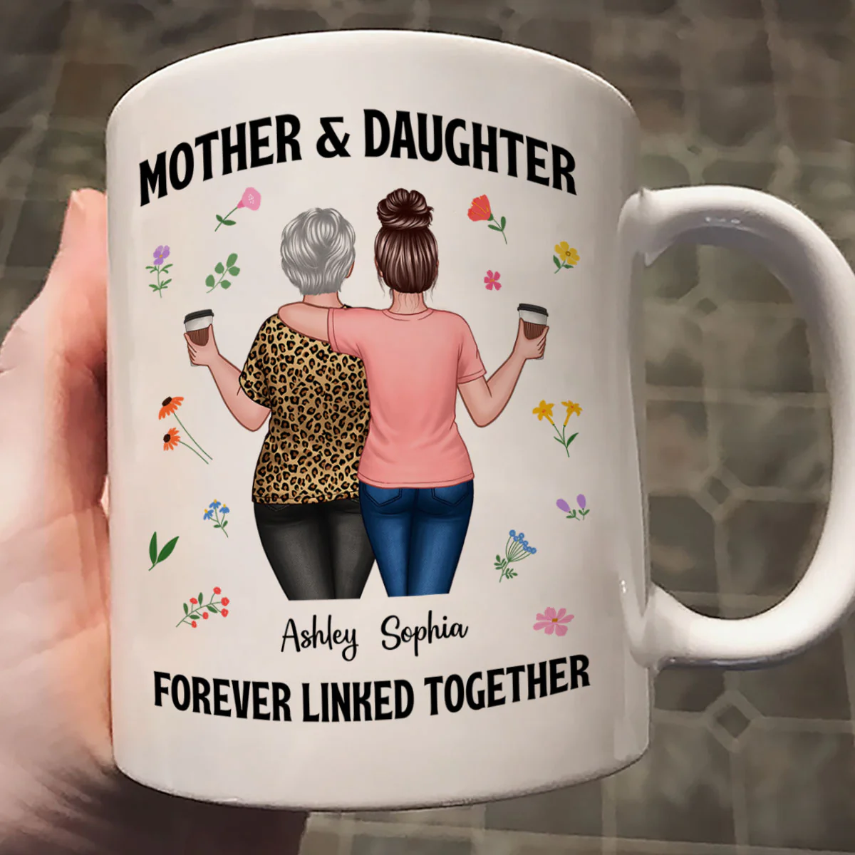 Back View Mom And Daughters Walking Mother & Daughter Forever Linked Together Personalized Mug - Image 5