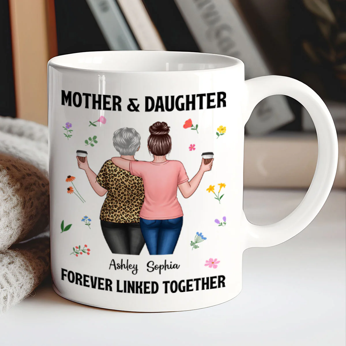Back View Mom And Daughters Walking Mother & Daughter Forever Linked Together Personalized Mug - Image 7