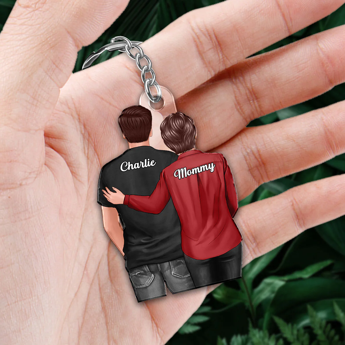 Back View Mom Dad And Son Hugging Personalized Acrylic Keychain - Image 3