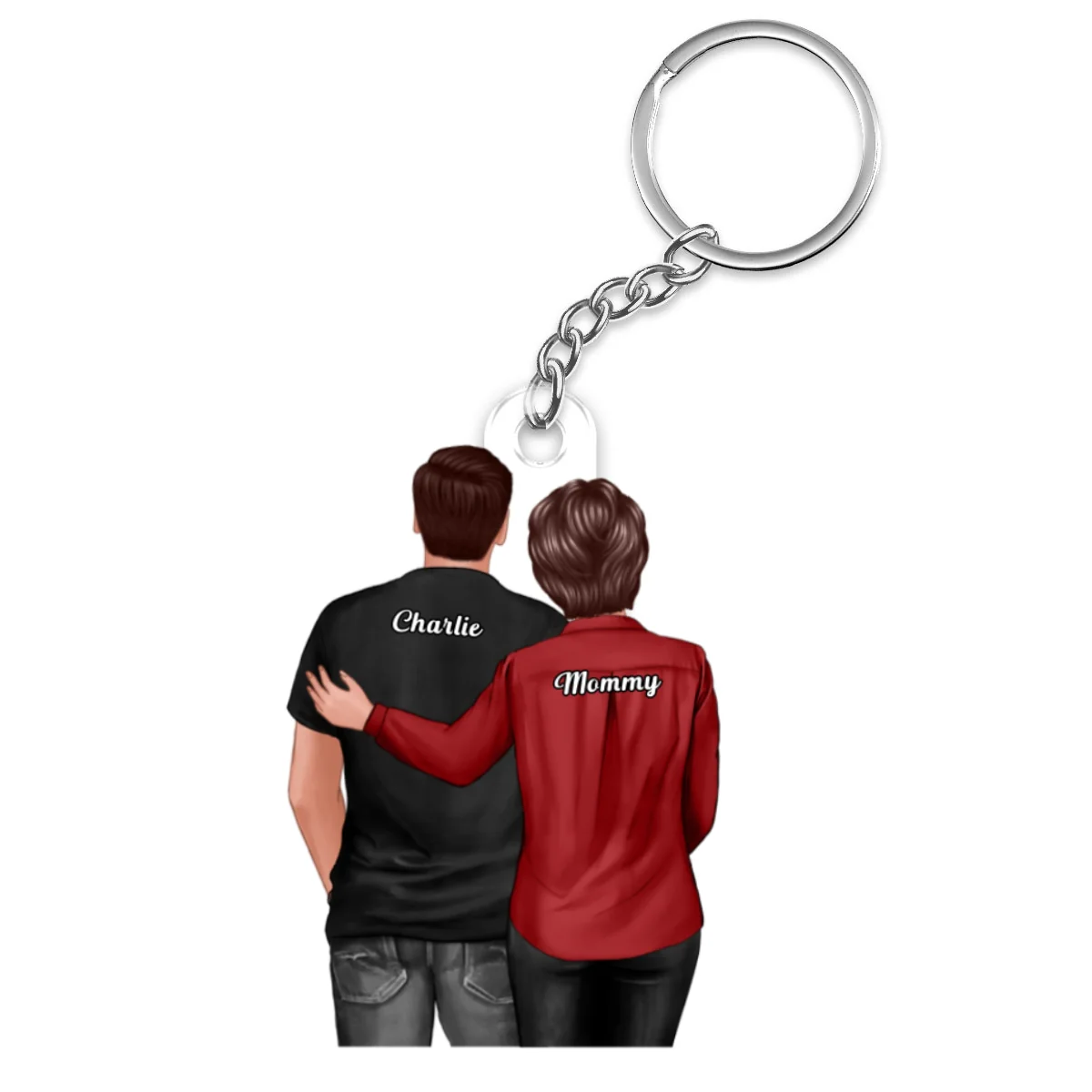 Back View Mom Dad And Son Hugging Personalized Acrylic Keychain - Image 5