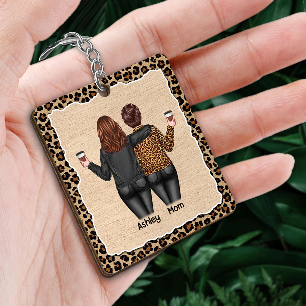 Back View Mom Daughter Like Mother Like Daughter Leopard Pattern Personalized Wooden Keychain - Image 2