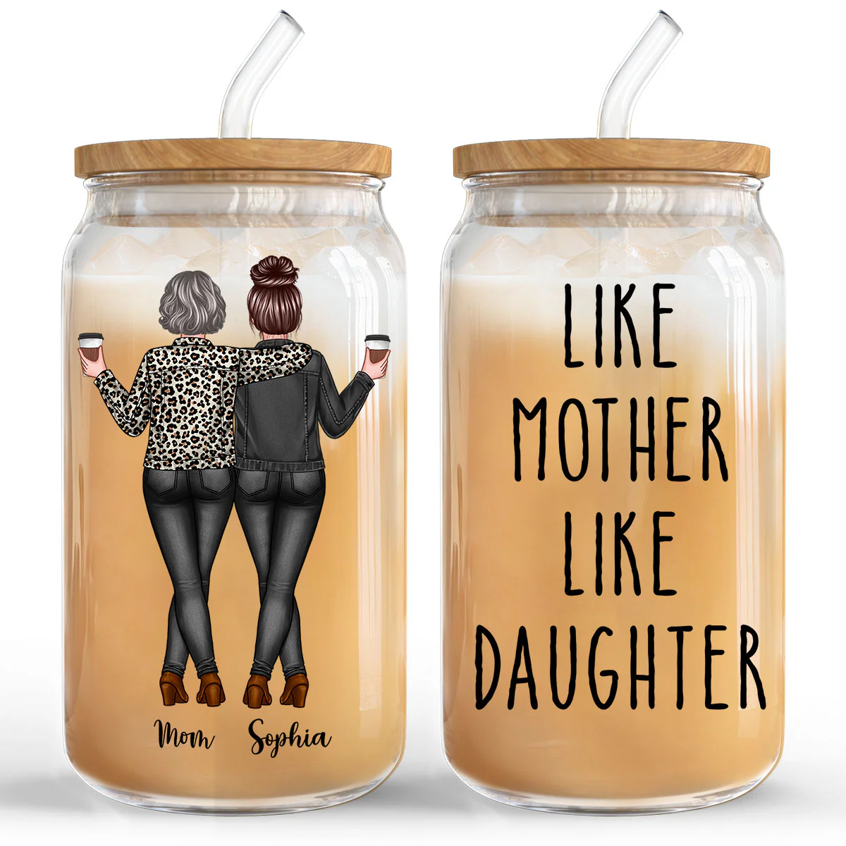 Back View Mom Daughter Like Mother Like Daughter Mother‘s Day Gift Personalized Clear Glass Can - Image 3
