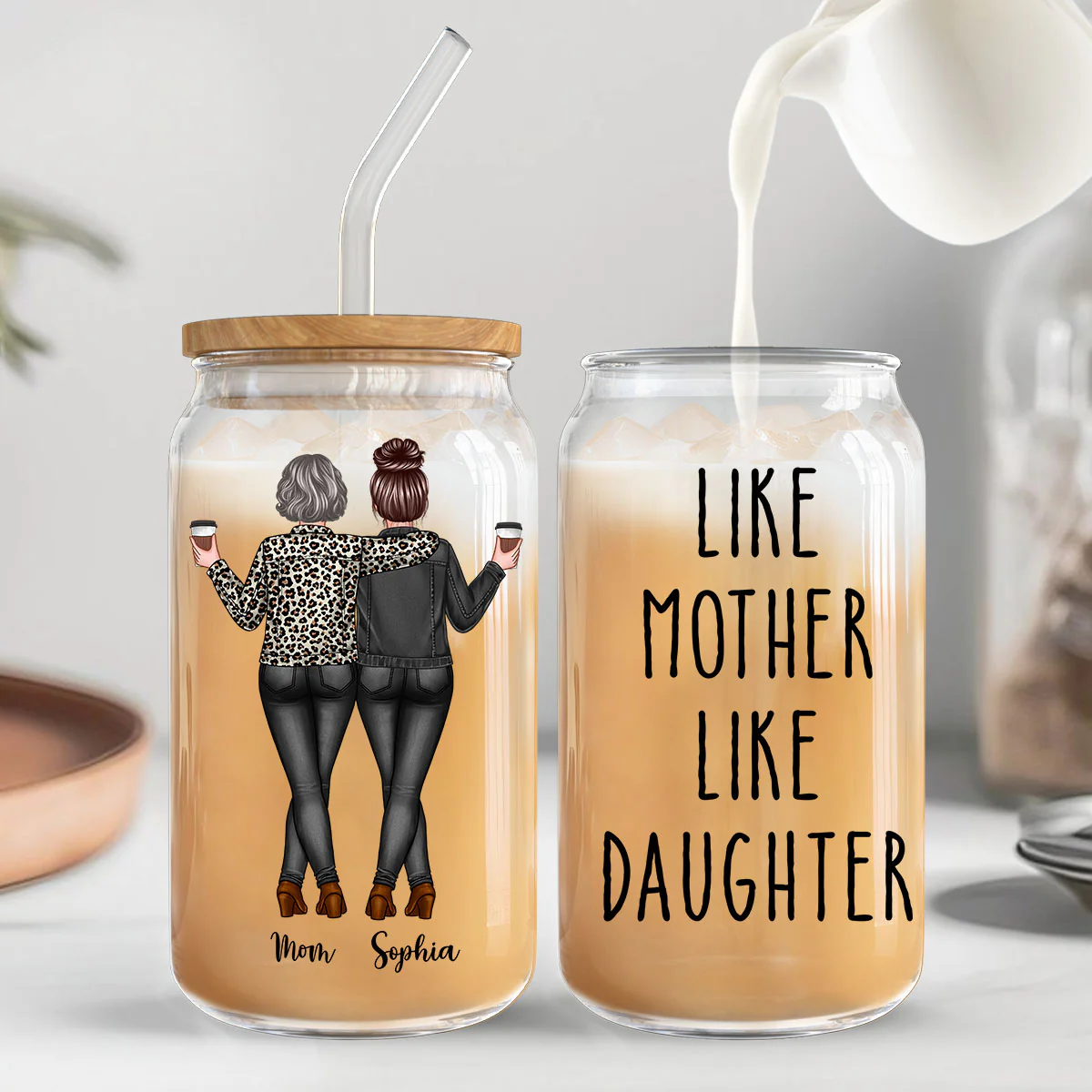 Back View Mom Daughter Like Mother Like Daughter Mother‘s Day Gift Personalized Clear Glass Can - Image 5