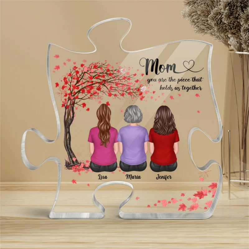 Back View Mother Daughters Pink Tree Personalized Puzzle Acrylic Plaque - Image 4