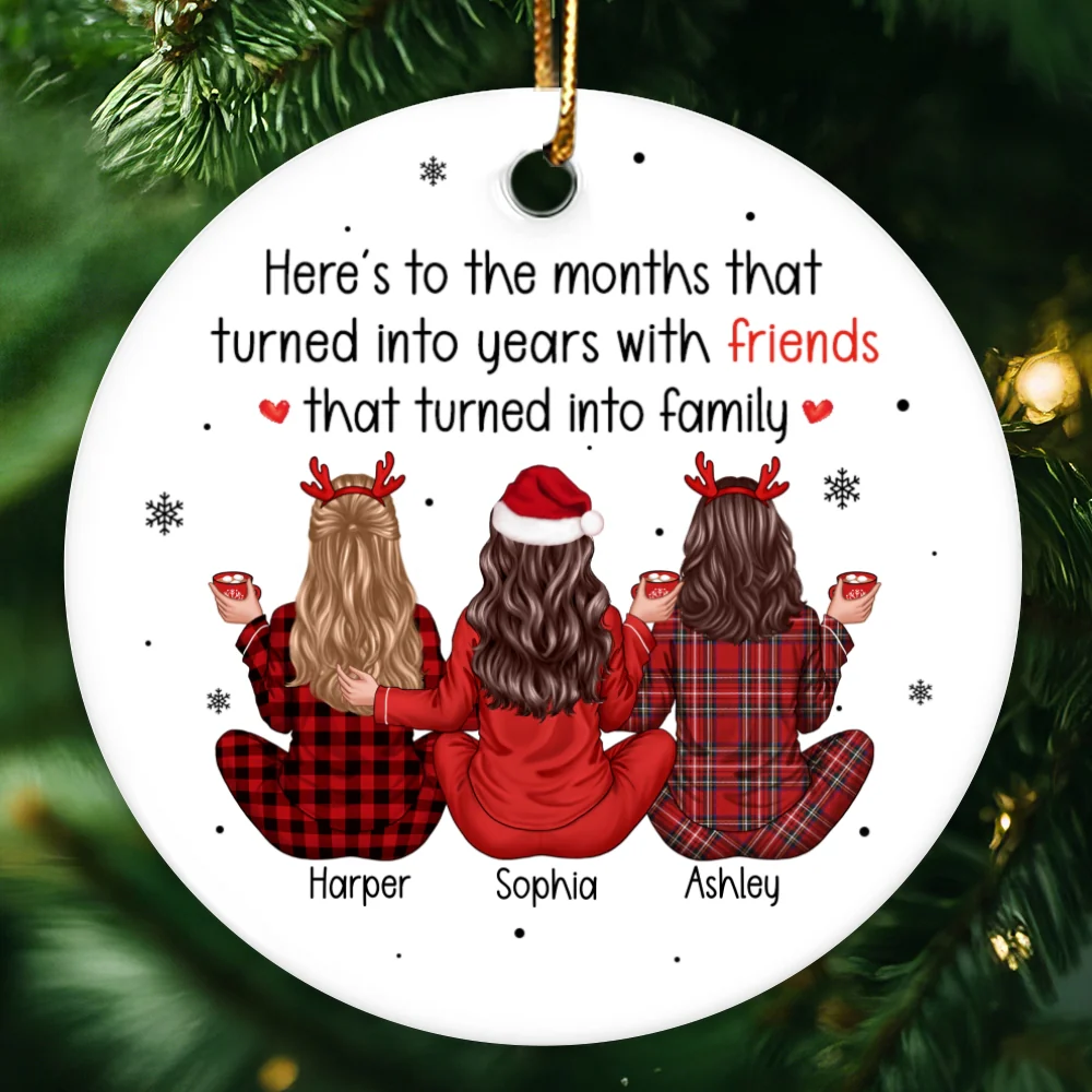 Back View Pajamas Besties Months Turned to Years, Friends Turned to Family Personalized Ceramic Ornament, Christmas Gift For Besties, Best Friends, BFF - Image 9