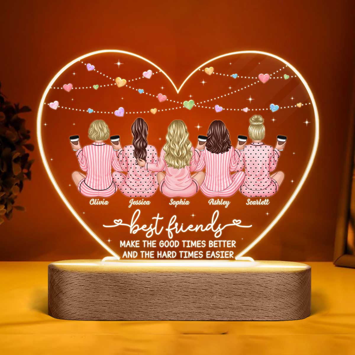 Back View Pajamas Besties Personalized Acrylic Heart LED Night Light, Gift For Best Friends, BFF - Image 2