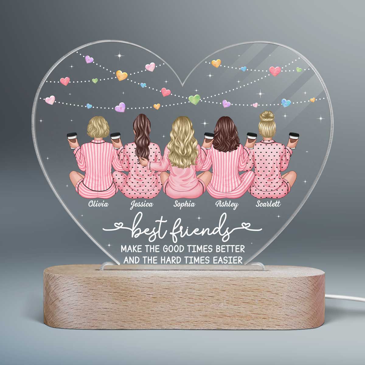 Back View Pajamas Besties Personalized Acrylic Heart LED Night Light, Gift For Best Friends, BFF - Image 3