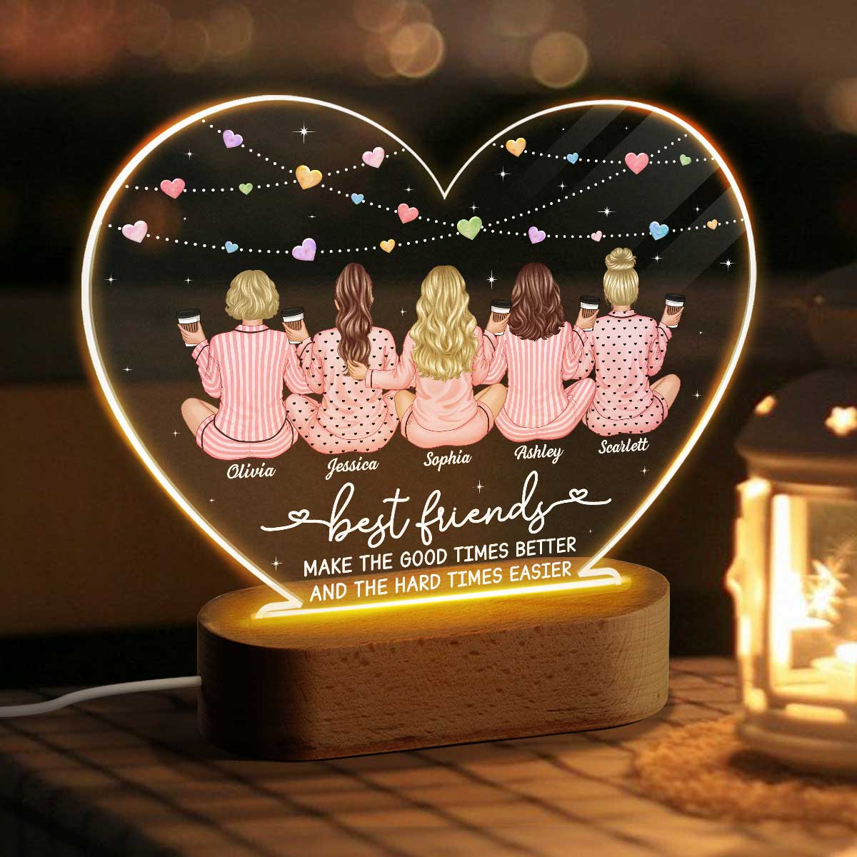 Back View Pajamas Besties Personalized Acrylic Heart LED Night Light, Gift For Best Friends, BFF - Image 4