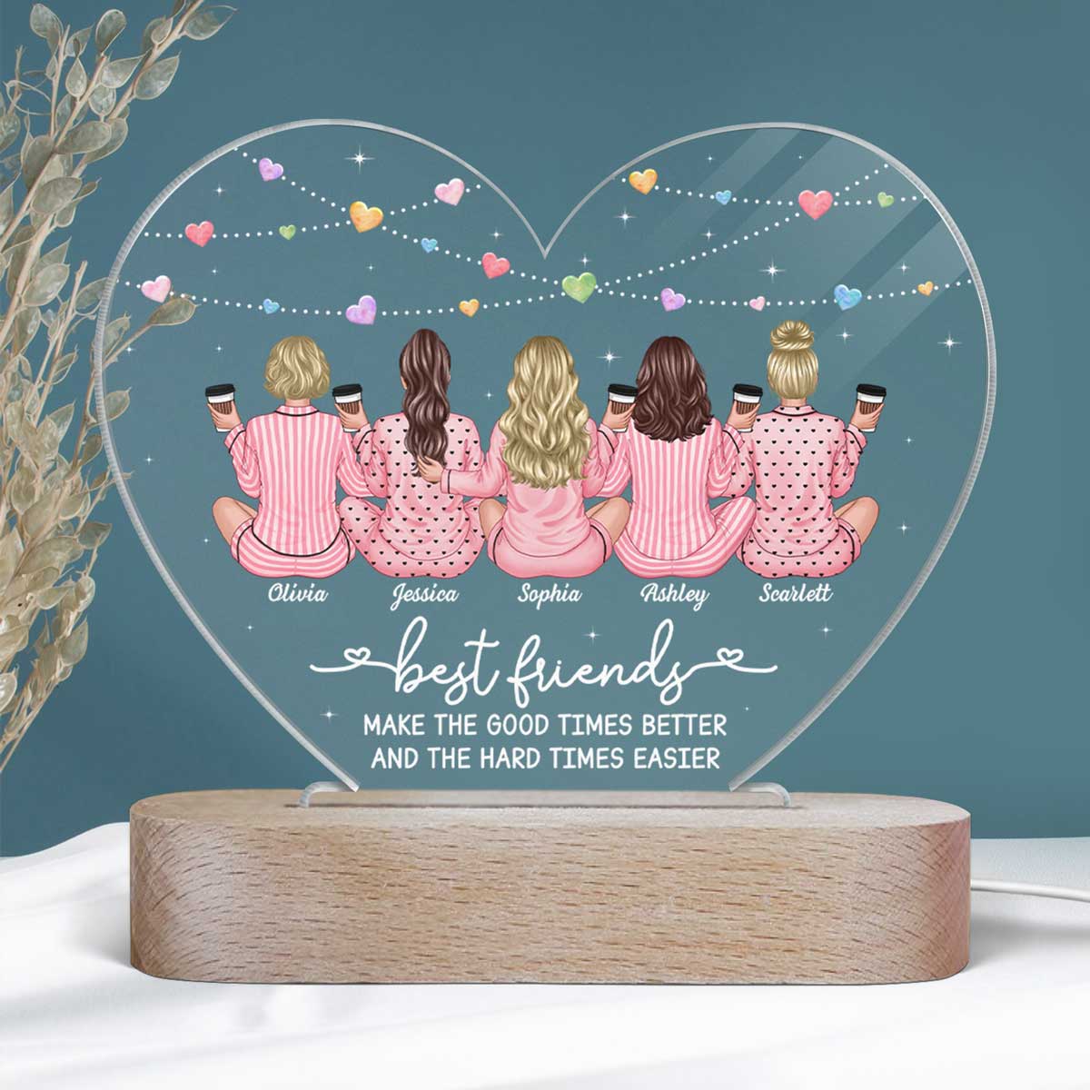 Back View Pajamas Besties Personalized Acrylic Heart LED Night Light, Gift For Best Friends, BFF - Image 5