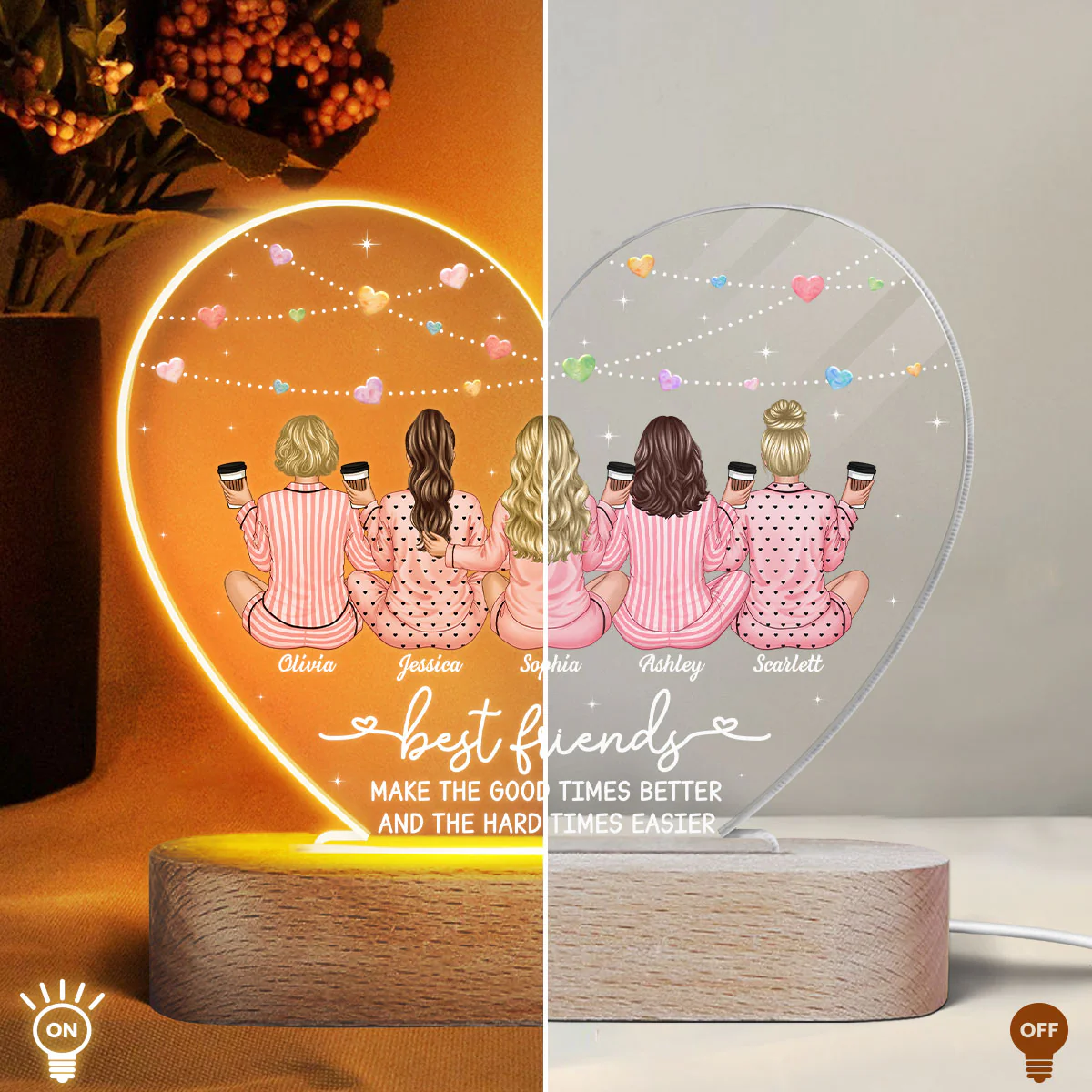 Back View Pajamas Besties Personalized Acrylic Heart LED Night Light, Gift For Best Friends, BFF - Image 6