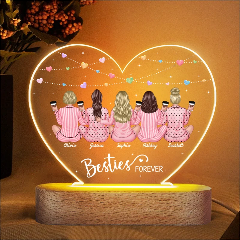 Back View Pajamas Besties Personalized Acrylic Heart LED Night Light, Gift For Best Friends, BFF - Image 7