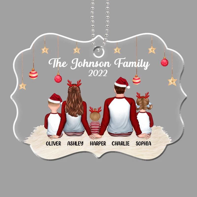 Back View Pajamas Family Dad Mom Kids Dogs Cats Personalized Acrylic Ornament - Image 2